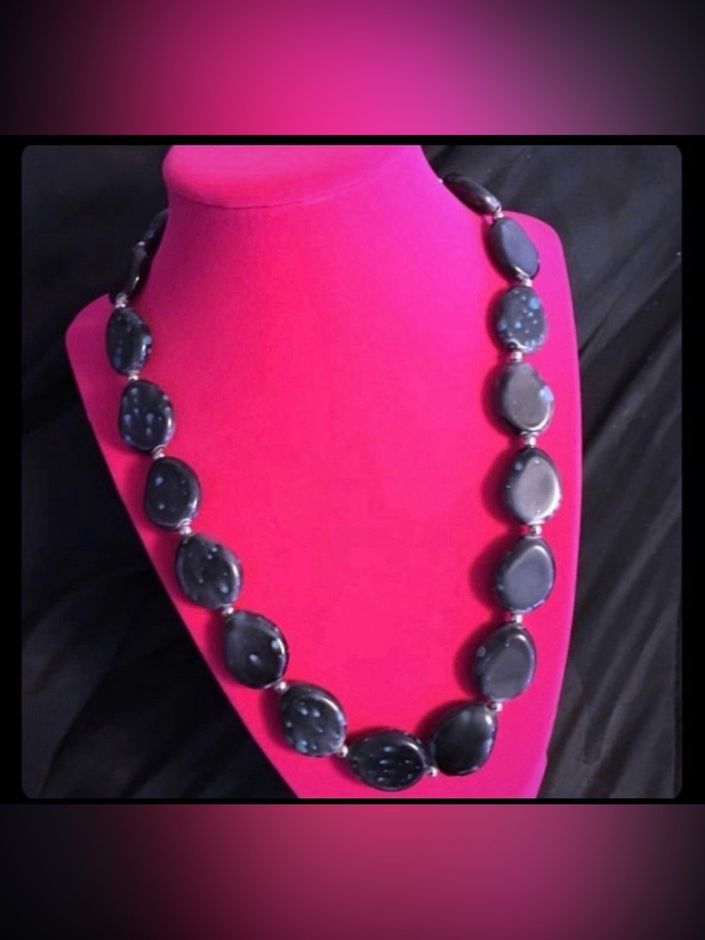 Black Teal Stone Beaded Necklace Statement Collar Chunky Artisan Jewelry Boho - Picture 2 of 3